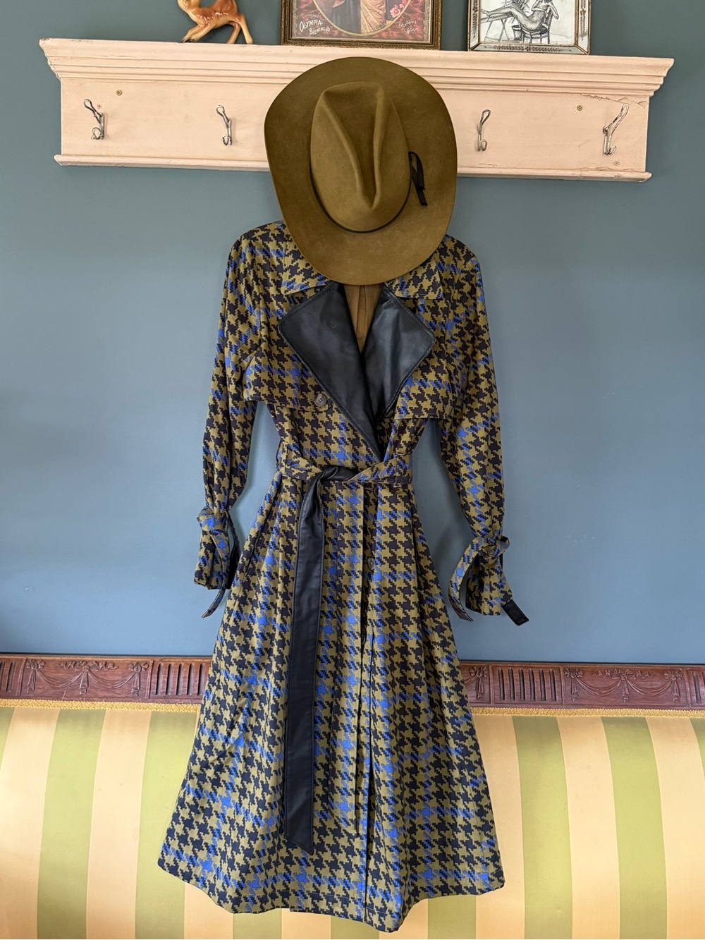 The Drop Martini Olive houndstooth Plaid Trench Coat Sz XS